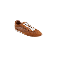 The Jarah Sneaker, crafted in brown suede with white laces and mesh side panels, features a memory foam insole for added comfort and is displayed on a plain white background.