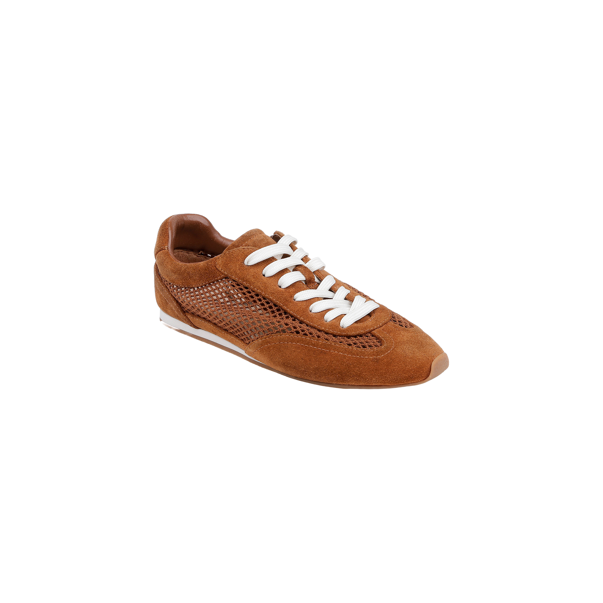 The Jarah Sneaker, crafted in brown suede with white laces and mesh side panels, features a memory foam insole for added comfort and is displayed on a plain white background.