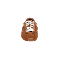 A front-facing view of the Jarah Sneaker showcases its brown suede finish, white laces, and memory foam insole against a plain white background.
