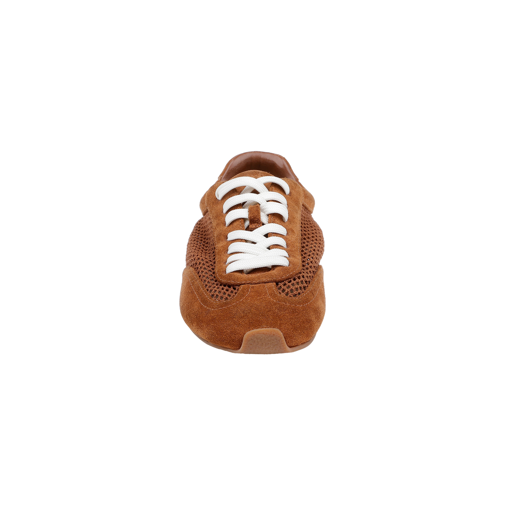 A front-facing view of the Jarah Sneaker showcases its brown suede finish, white laces, and memory foam insole against a plain white background.