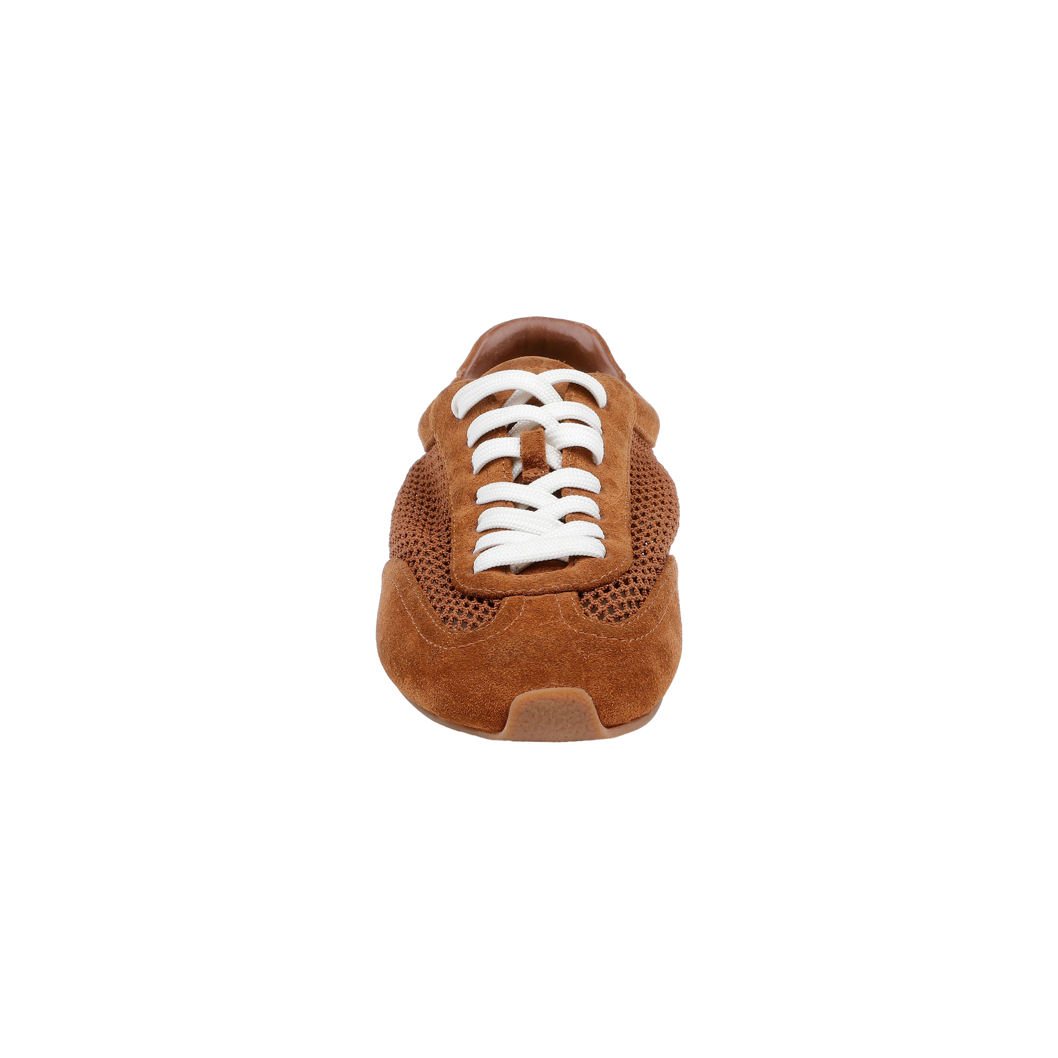 A front-facing view of the Jarah Sneaker showcases its brown suede finish, white laces, and memory foam insole against a plain white background.