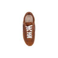 Top view of the Jarah Sneaker, featuring retro brown suede, white laces, mesh side panels, and a comfortable memory foam insole, displayed on a plain white background.