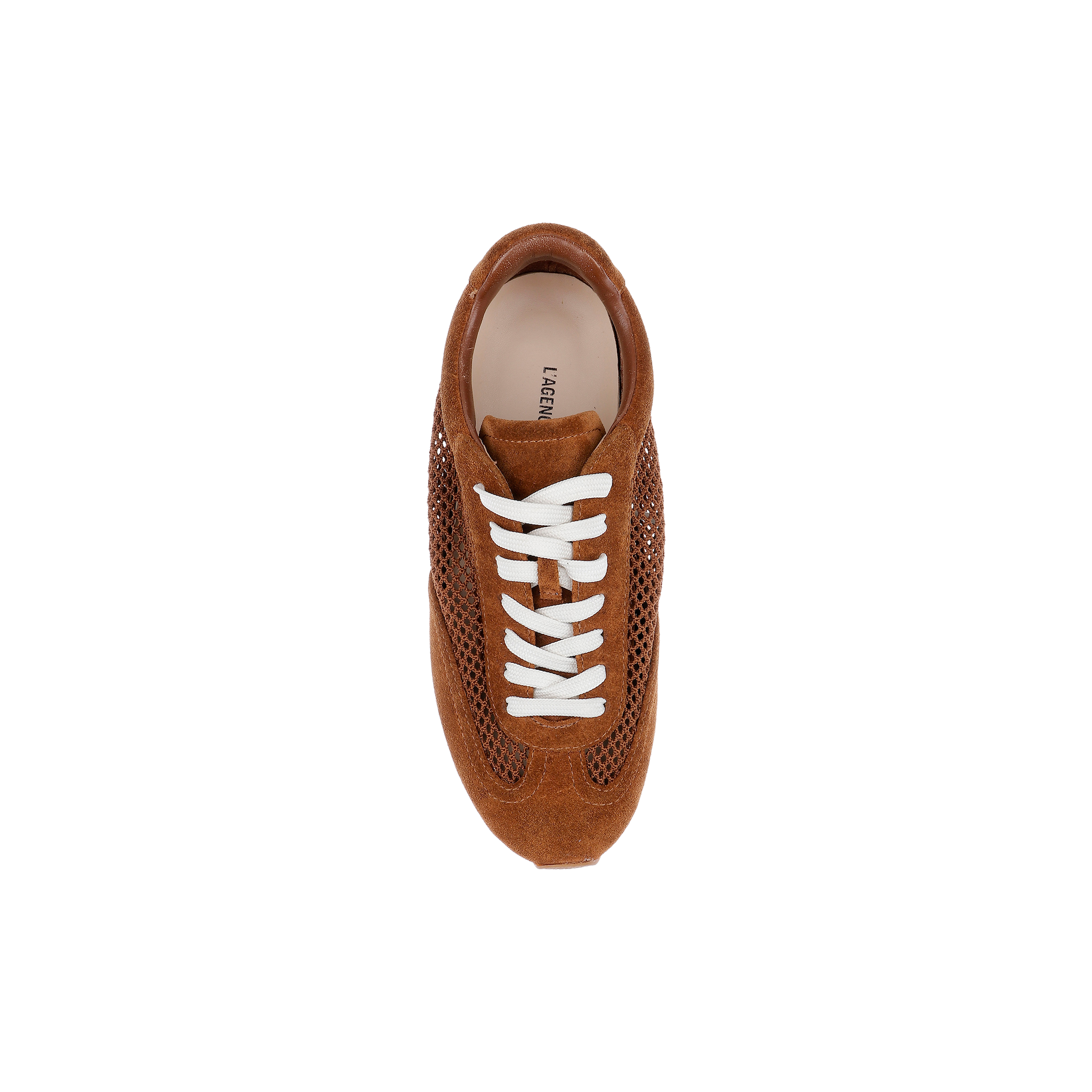 Top view of the Jarah Sneaker, featuring retro brown suede, white laces, mesh side panels, and a comfortable memory foam insole, displayed on a plain white background.