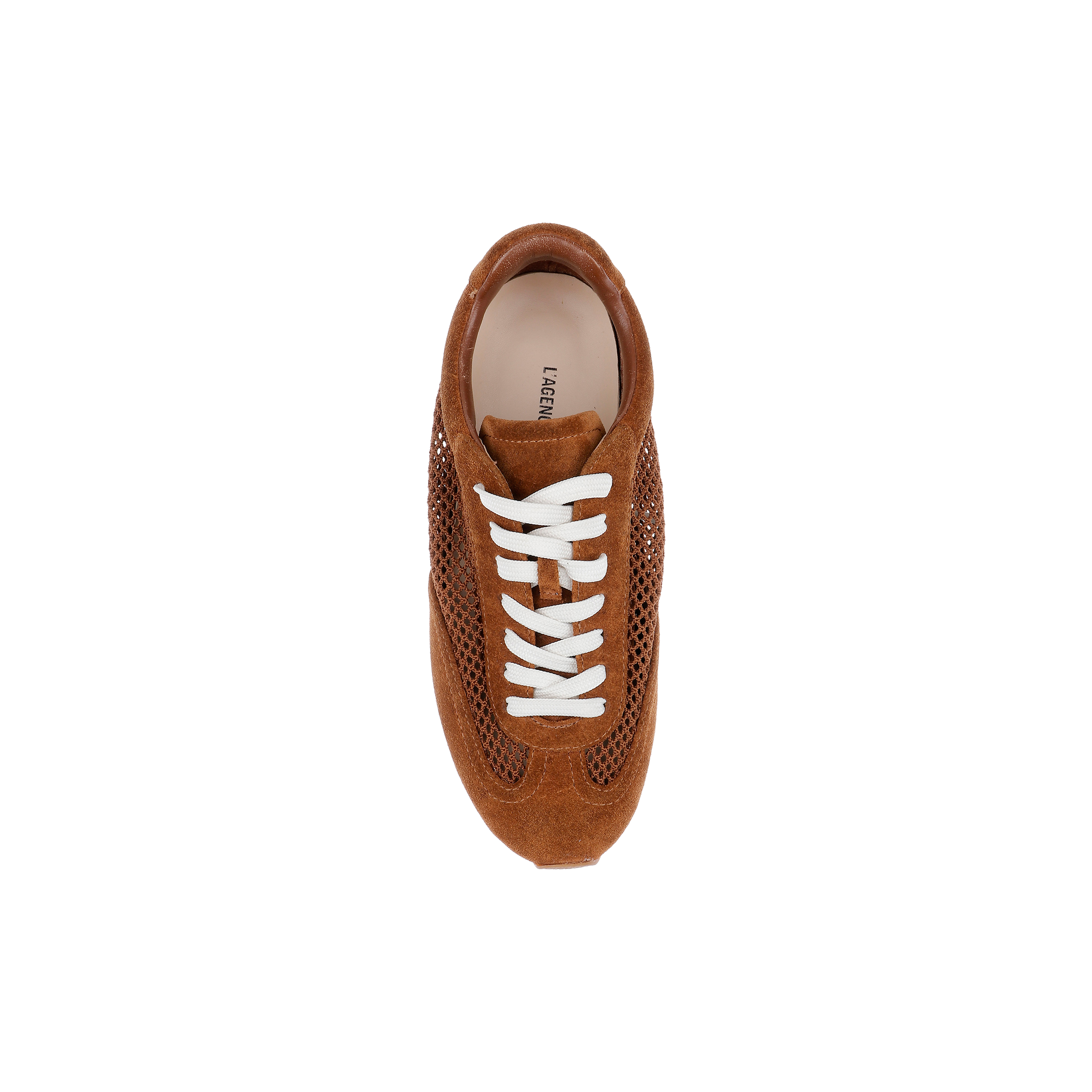 Top view of the Jarah Sneaker, featuring retro brown suede, white laces, mesh side panels, and a comfortable memory foam insole, displayed on a plain white background.