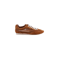 The Jarah Sneaker, shown from the left against a plain white background, features brown suede with white laces, mesh side detailing, and a memory foam insole for enhanced comfort.