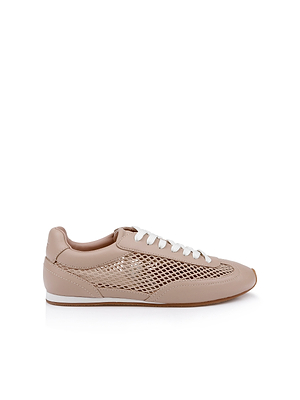 The Jarah Sneaker in beige tan leather features white laces, mesh side panels, and leather detailing, displayed in a side profile against a white background.