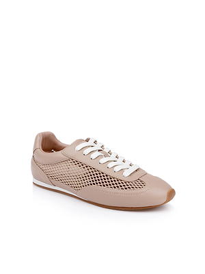 The Jarah Sneaker features a retro-inspired beige design with white laces, mesh side panels, leather accents, and a light brown rubber sole, displayed at a slight angle on a white background.
