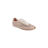The Jarah Sneaker features tan leather with white laces and a mesh side panel, showcasing a subtle ballerina silhouette, and is displayed on a plain white background.