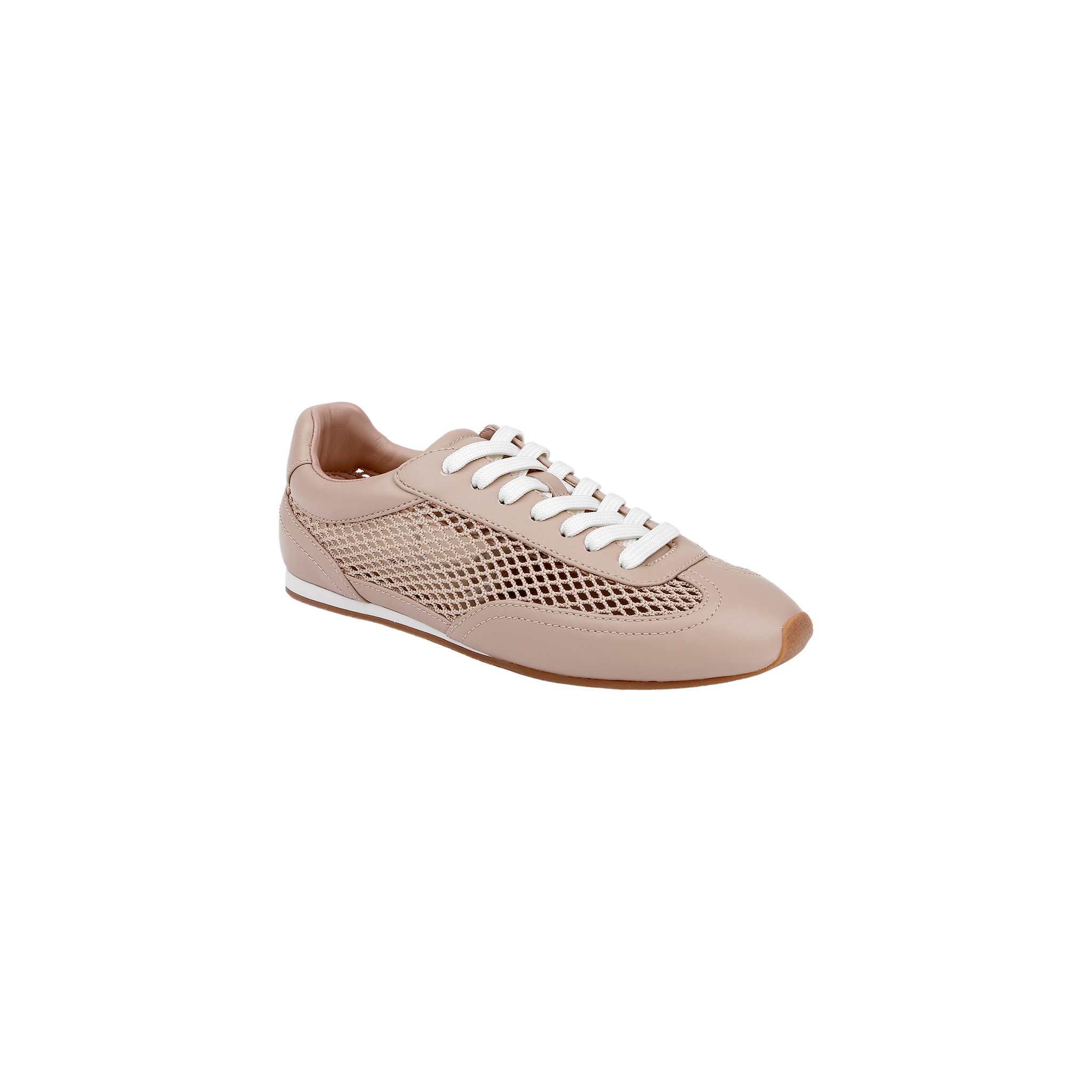 The Jarah Sneaker features tan leather with white laces and a mesh side panel, showcasing a subtle ballerina silhouette, and is displayed on a plain white background.