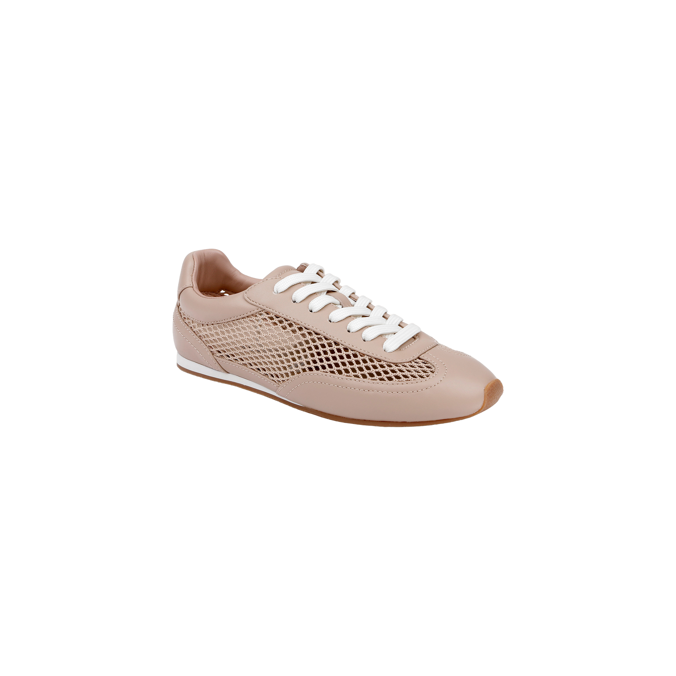 The Jarah Sneaker features tan leather with white laces and a mesh side panel, showcasing a subtle ballerina silhouette, and is displayed on a plain white background.