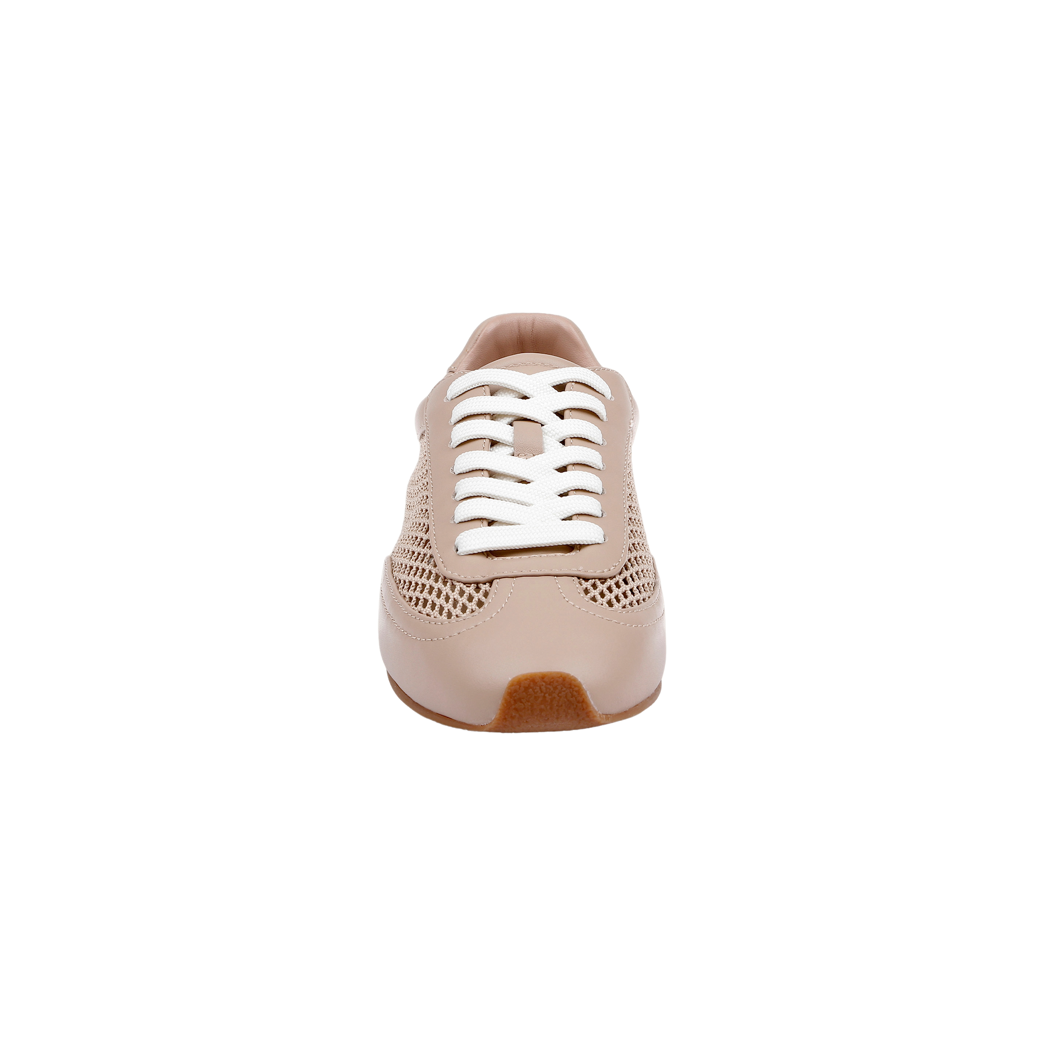 Front view of the Jarah Sneaker, featuring a retro-inspired tan leather design with white laces, mesh sides, and a brown sole, isolated on a white background.