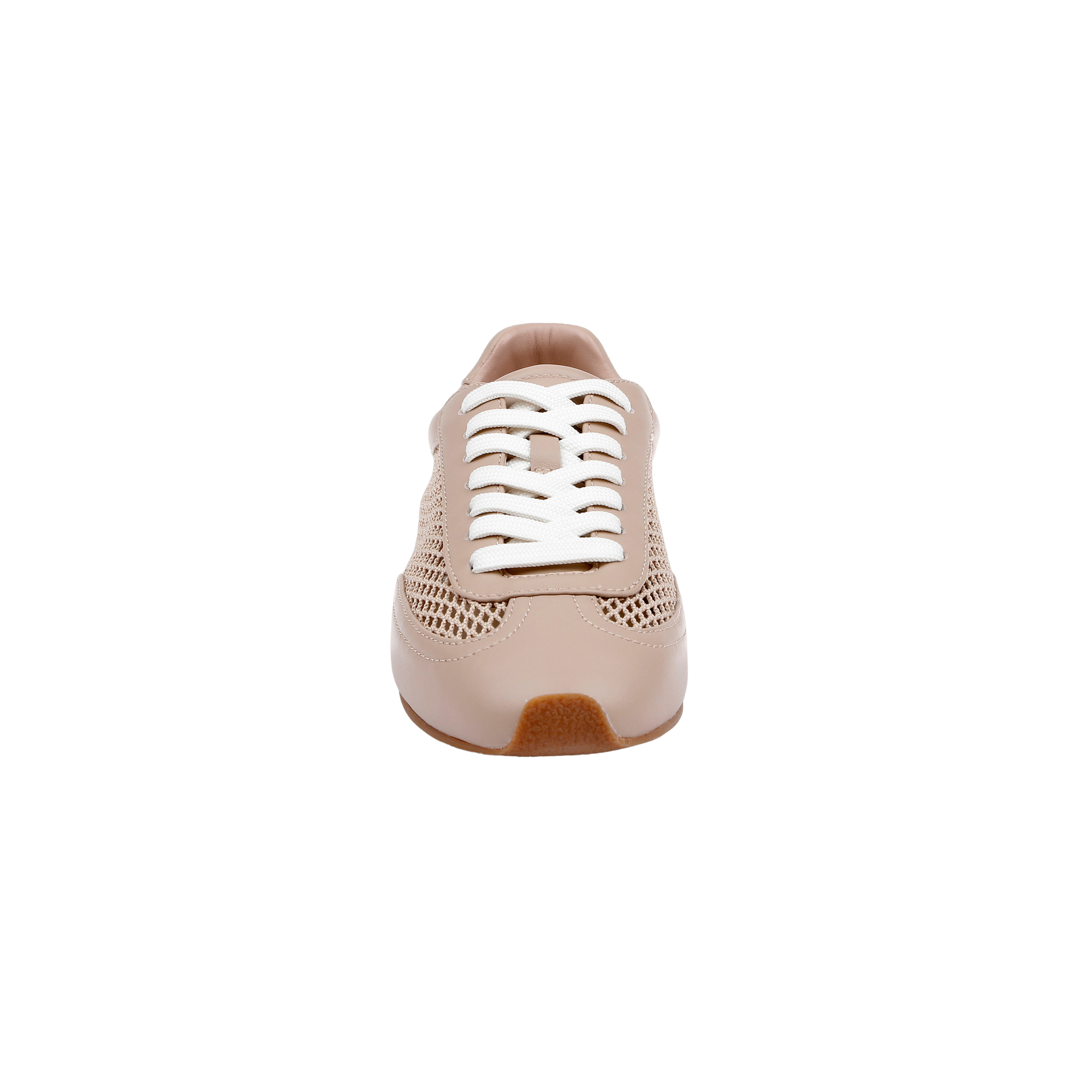 Front view of the Jarah Sneaker, featuring a retro-inspired tan leather design with white laces, mesh sides, and a brown sole, isolated on a white background.