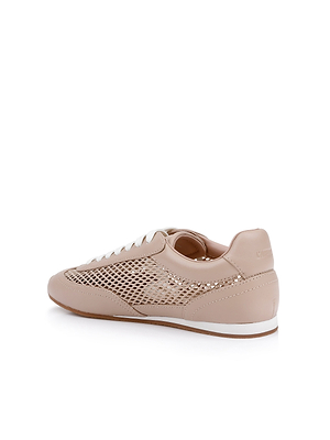 The Jarah Sneaker features beige and tan leather, white laces, mesh side panels, metallic accents, and a thin white sole with retro-inspired details. Shown at an angle against a white background.