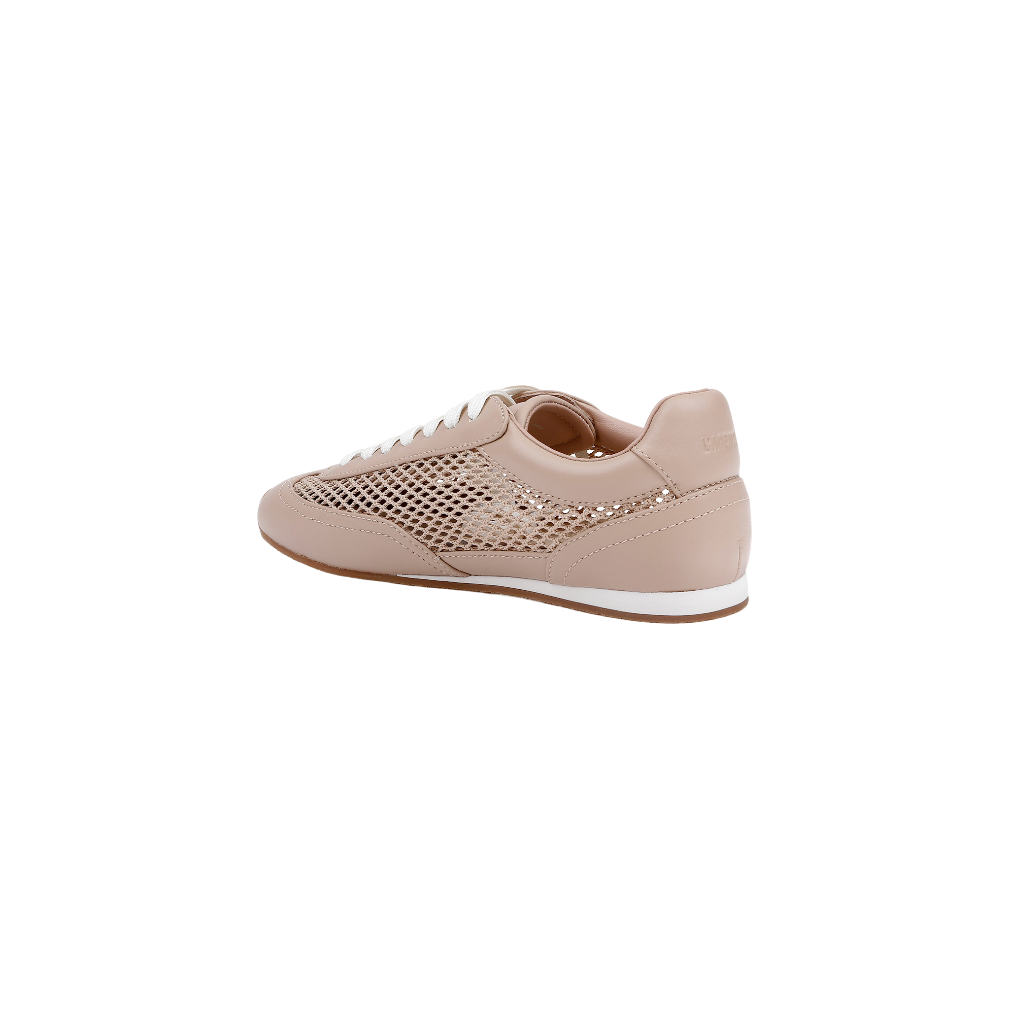 The Jarah Sneaker features a light pink colorway with a mesh side panel, white laces, and a crisp white sole with a slight platform. Subtle branding accents the heel, while its design merges retro-inspired sneaker elements with a sporty, casual aesthetic. The shoe is displayed against a plain white background.