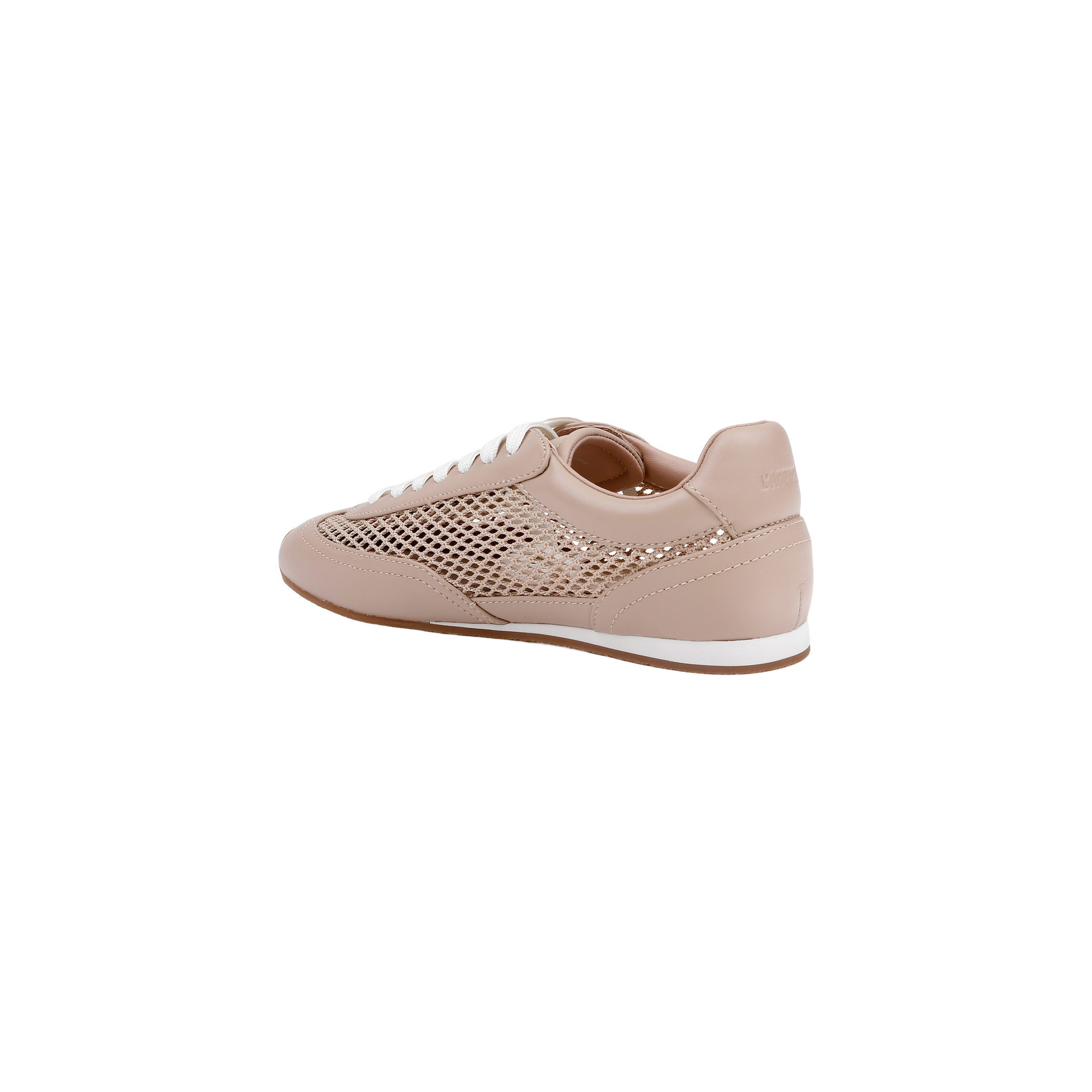 The Jarah Sneaker features a light pink colorway with a mesh side panel, white laces, and a crisp white sole with a slight platform. Subtle branding accents the heel, while its design merges retro-inspired sneaker elements with a sporty, casual aesthetic. The shoe is displayed against a plain white background.