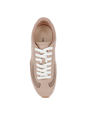 Top view of the Jarah Sneaker, a retro-inspired beige shoe with white laces, tan leather material, and mesh side panels, displayed on a white background.