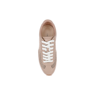 A top view of the Jarah Sneaker, a retro-inspired design in beige featuring white laces and mesh detailing on the sides, displayed on a plain white background.