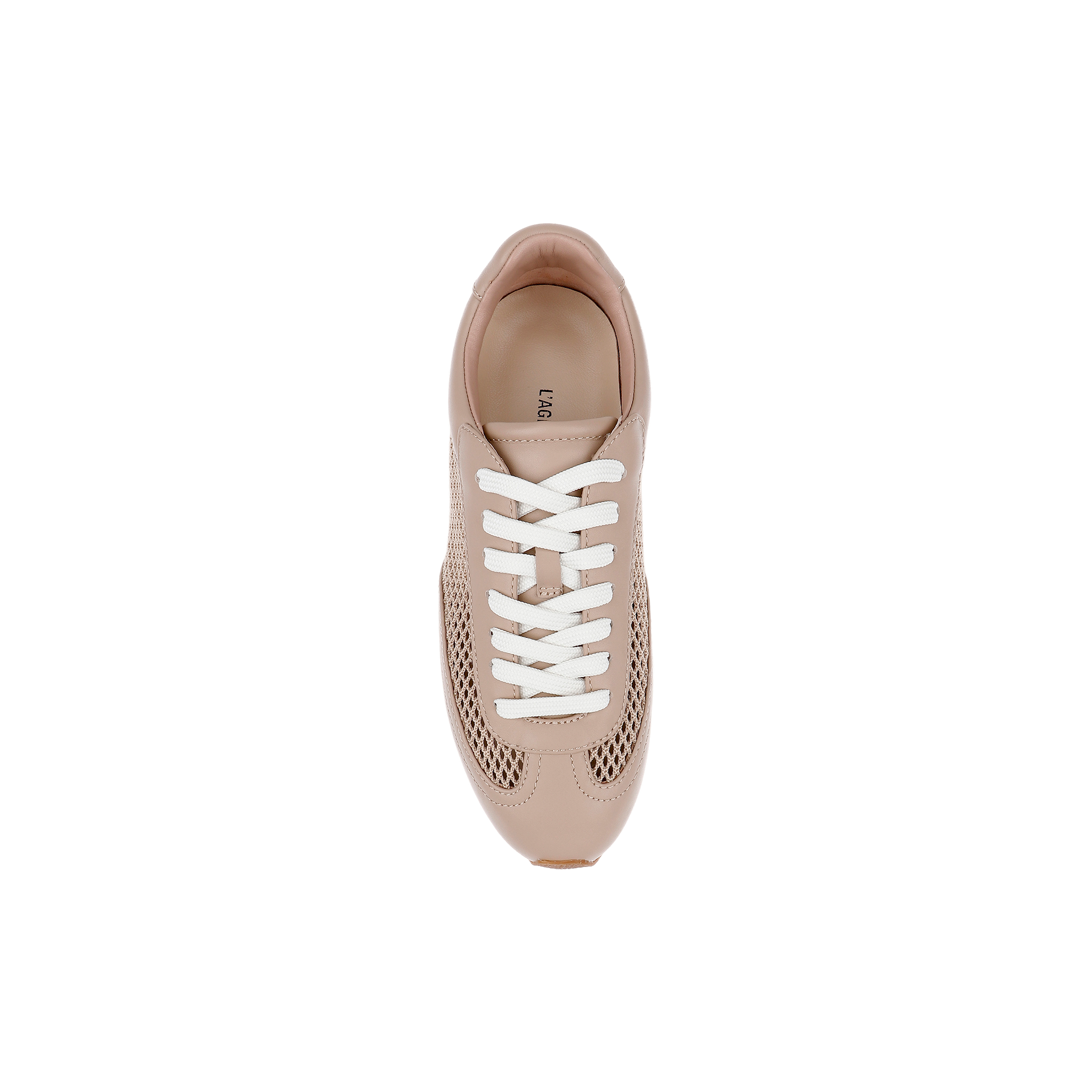 A top view of the Jarah Sneaker, a retro-inspired design in beige featuring white laces and mesh detailing on the sides, displayed on a plain white background.