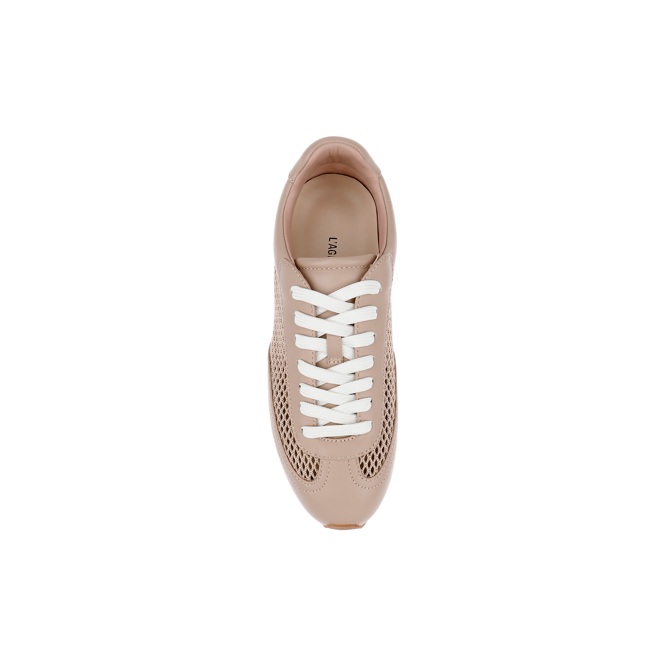 A top view of the Jarah Sneaker, a retro-inspired design in beige featuring white laces and mesh detailing on the sides, displayed on a plain white background.