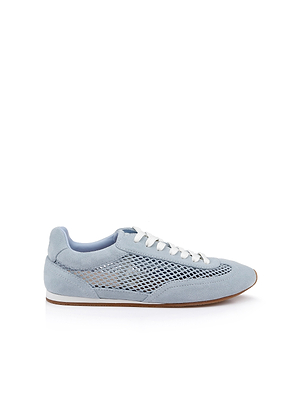 The Jarah Sneaker features retro-inspired light blue suede, a mesh side panel, white laces, and a brown rubber sole, displayed in profile on a white background.