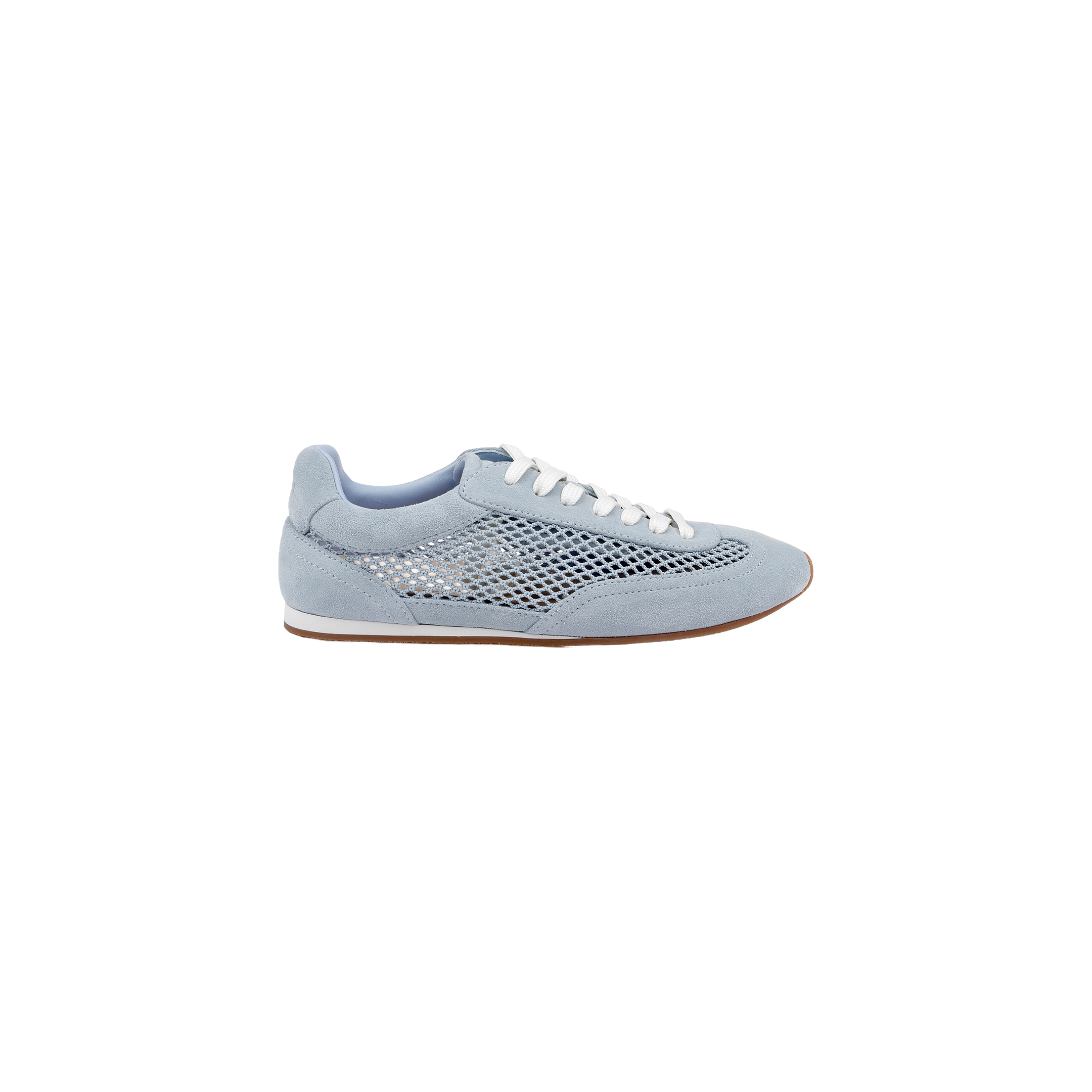 The Jarah Sneaker features a retro-inspired design in light blue suede, complemented by white laces, mesh side panels, suede accents, and a brown sole, displayed on a plain white background.