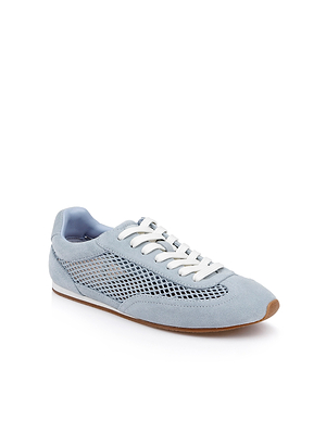 The Jarah Sneaker is a retro-inspired light blue suede shoe featuring white laces, mesh side panels, suede overlays, and a brown rubber sole, shown on a white background.