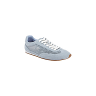 The Jarah Sneaker is a light blue, retro-inspired shoe featuring white laces, a mesh side panel, suede accents, and a brown rubber sole, displayed on a plain white background.