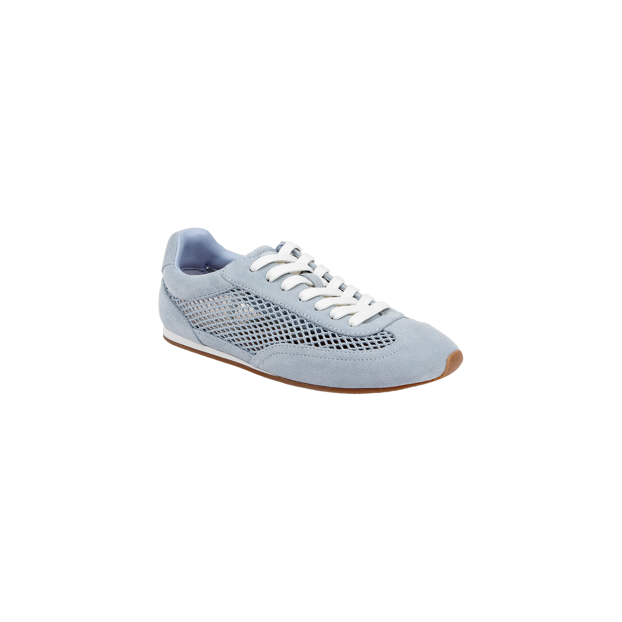 The Jarah Sneaker is a light blue, retro-inspired shoe featuring white laces, a mesh side panel, suede accents, and a brown rubber sole, displayed on a plain white background.
