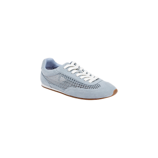Jarah Sneaker in light blue, featuring ballerina-style design with white laces, light blue suede accents, mesh side panels, and a brown sole, displayed on a white background.