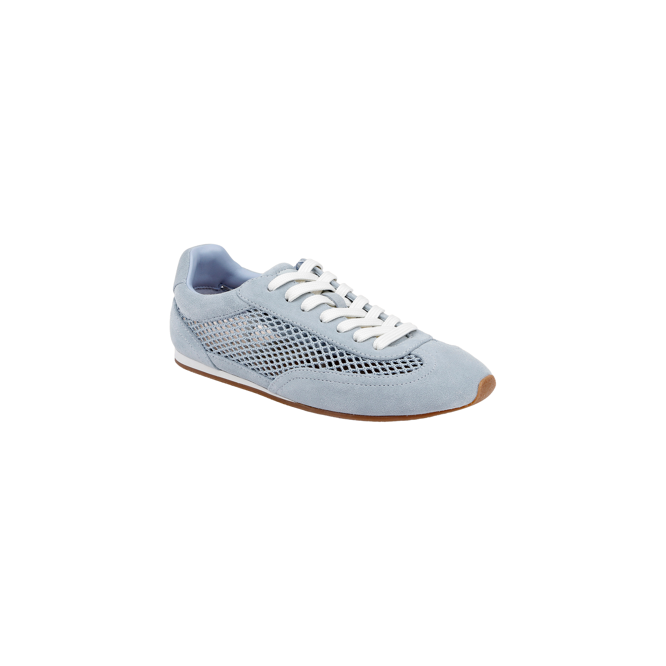 The Jarah Sneaker is a light blue, retro-inspired shoe featuring white laces, a mesh side panel, suede accents, and a brown rubber sole, displayed on a plain white background.