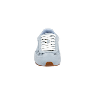 The Jarah Sneaker, featuring retro-inspired design in light blue suede with white laces and mesh and suede accents, is shown from the front against a plain white background.