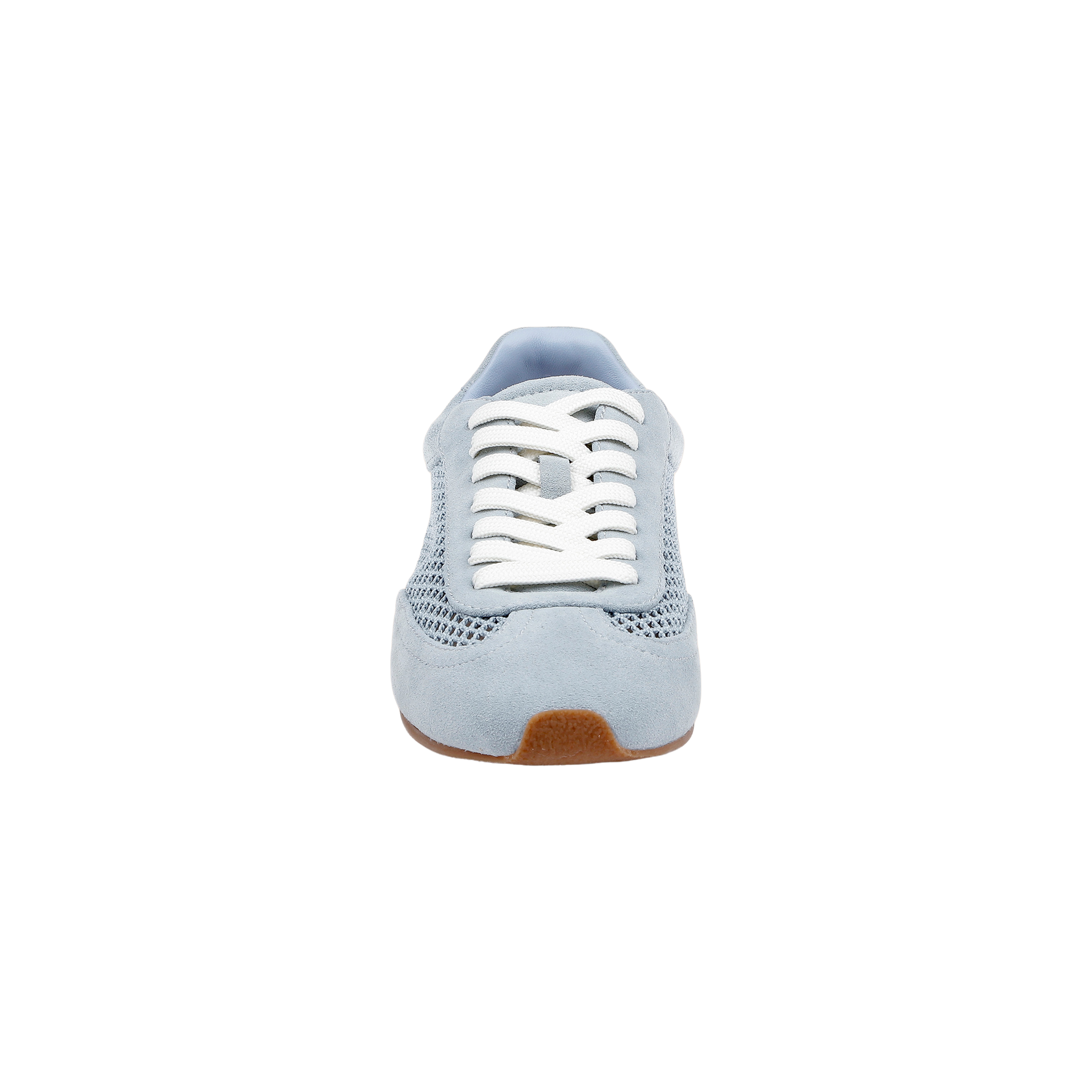 The Jarah Sneaker, featuring retro-inspired design in light blue suede with white laces and mesh and suede accents, is shown from the front against a plain white background.
