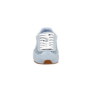 Front view of the Jarah Sneaker in light blue suede with white laces, mesh fabric on the sides, and a brown rubber sole, shown on a plain white background.