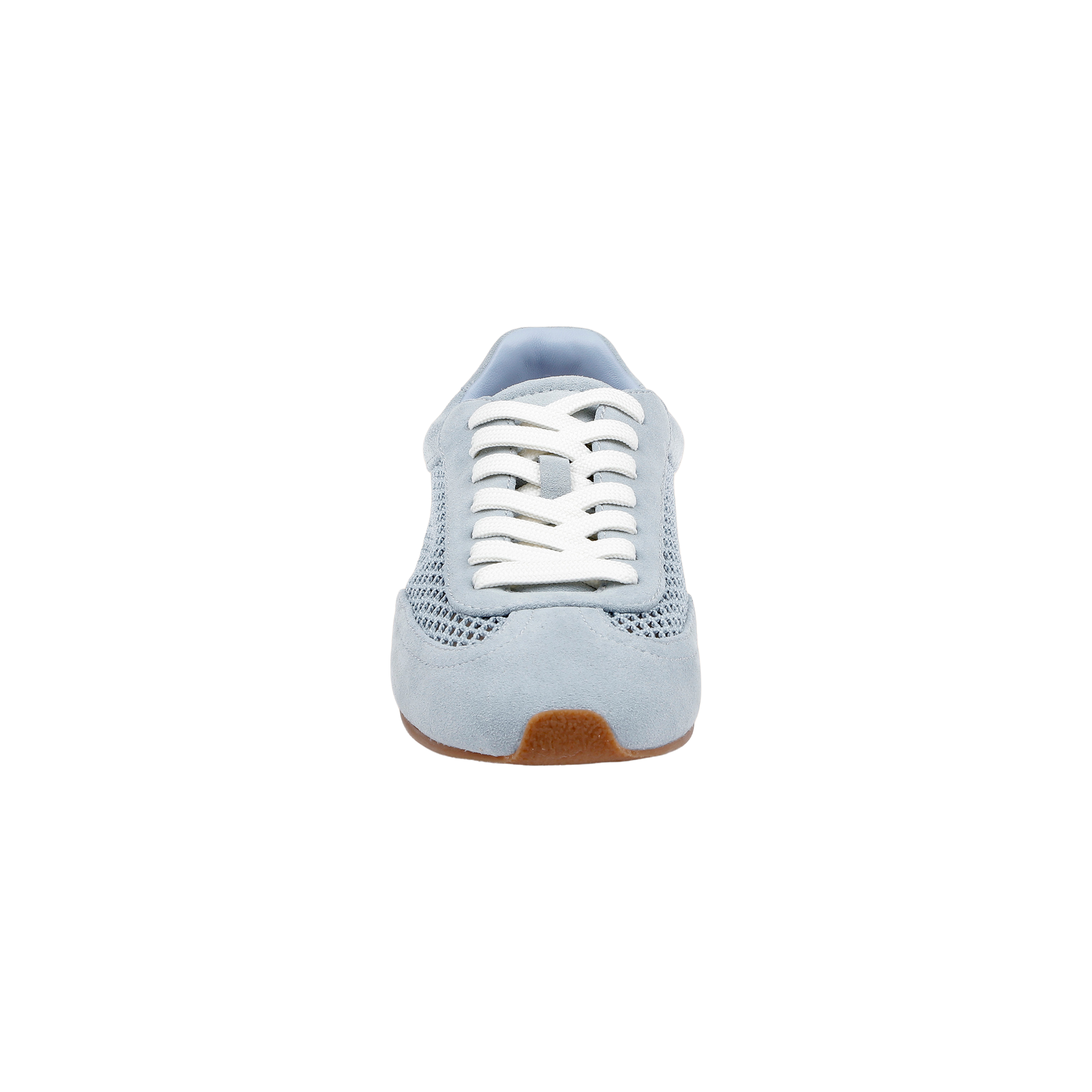 The Jarah Sneaker, featuring retro-inspired design in light blue suede with white laces and mesh and suede accents, is shown from the front against a plain white background.