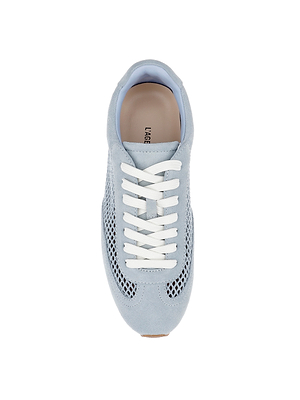 The Jarah Sneaker features a retro-inspired design in light blue suede with white laces, mesh side panels, and a suede toe cap, shown from above on a white background.