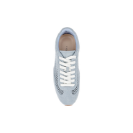 The Jarah Sneaker is a light blue suede, retro-inspired sneaker featuring white laces and mesh detailing, shown from above on a white background.