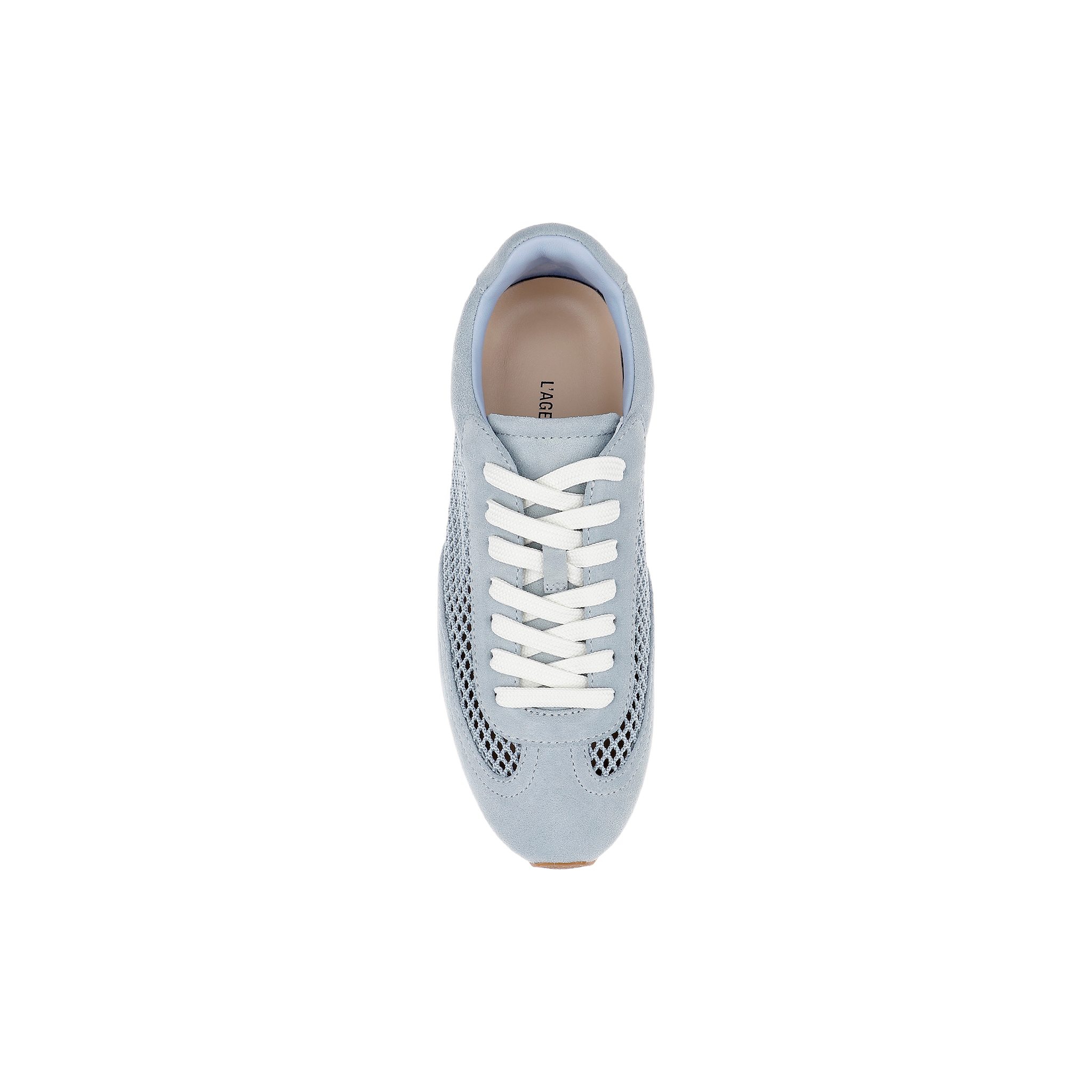 The Jarah Sneaker is a light blue suede, retro-inspired sneaker featuring white laces and mesh detailing, shown from above on a white background.