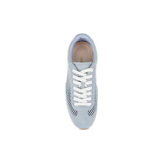 The Jarah Sneaker is a ballerina-inspired shoe crafted from light blue suede with white laces, viewed from above, featuring mesh side panels and a rounded toe, and displayed on a plain white background.