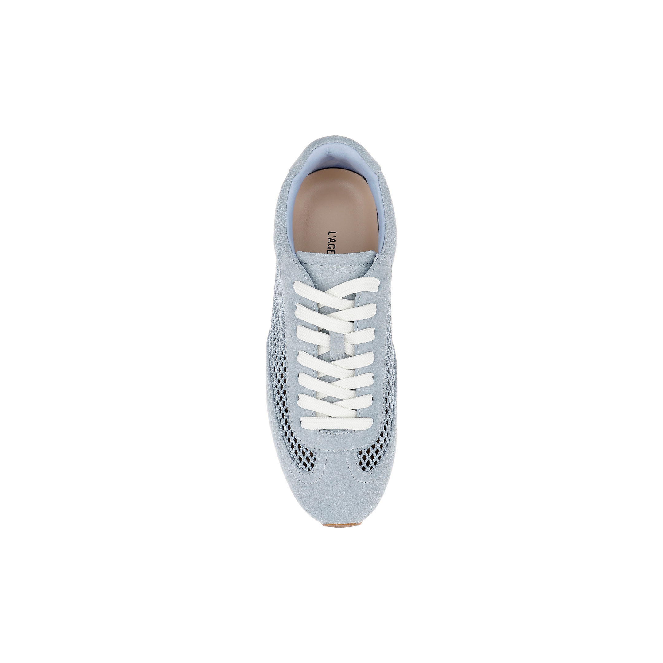 The Jarah Sneaker is a light blue suede, retro-inspired sneaker featuring white laces and mesh detailing, shown from above on a white background.