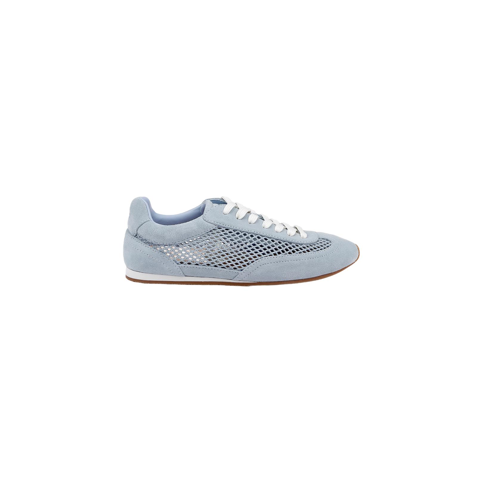 The Jarah Sneaker is a retro-inspired shoe crafted with light blue suede, complemented by white laces, mesh paneling on the sides, suede accents, and a flat brown sole, shown here against a plain white background.