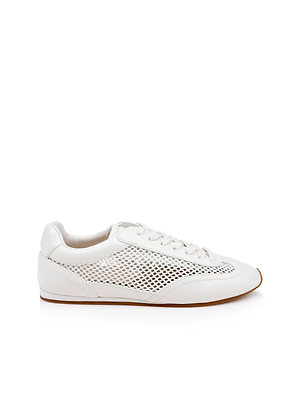 The Jarah Sneaker is a white low-top leather and mesh sneaker with lace-up closure, smooth leather accents, a side mesh panel, and a thin light brown sole for a classic low-profile style, shown on a white background.