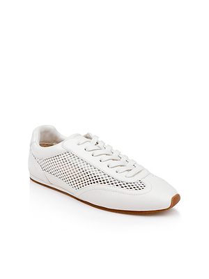 The Jarah Sneaker is a retro white shoe with mesh side panels, white laces, and a light brown rubber sole, shown on a white background.