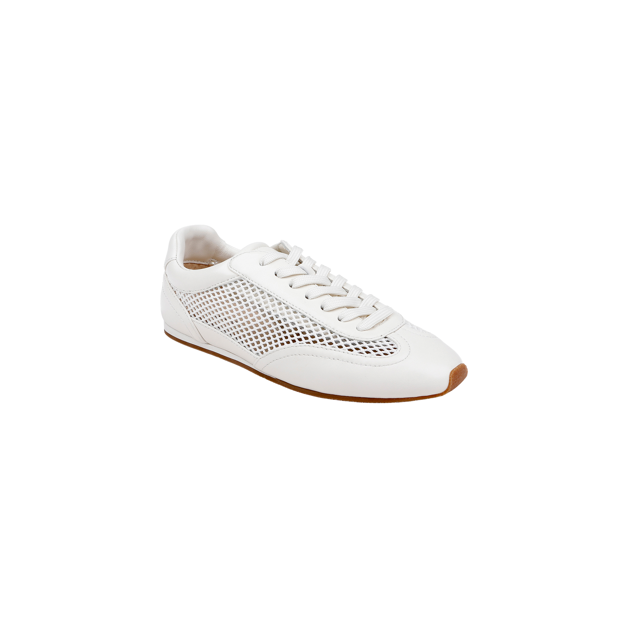 The Jarah Sneaker is a retro-inspired white leather sneaker featuring mesh side panels, white laces, and a light brown rubber sole. Designed for comfort with a memory foam insole, it’s presented against a plain white background.