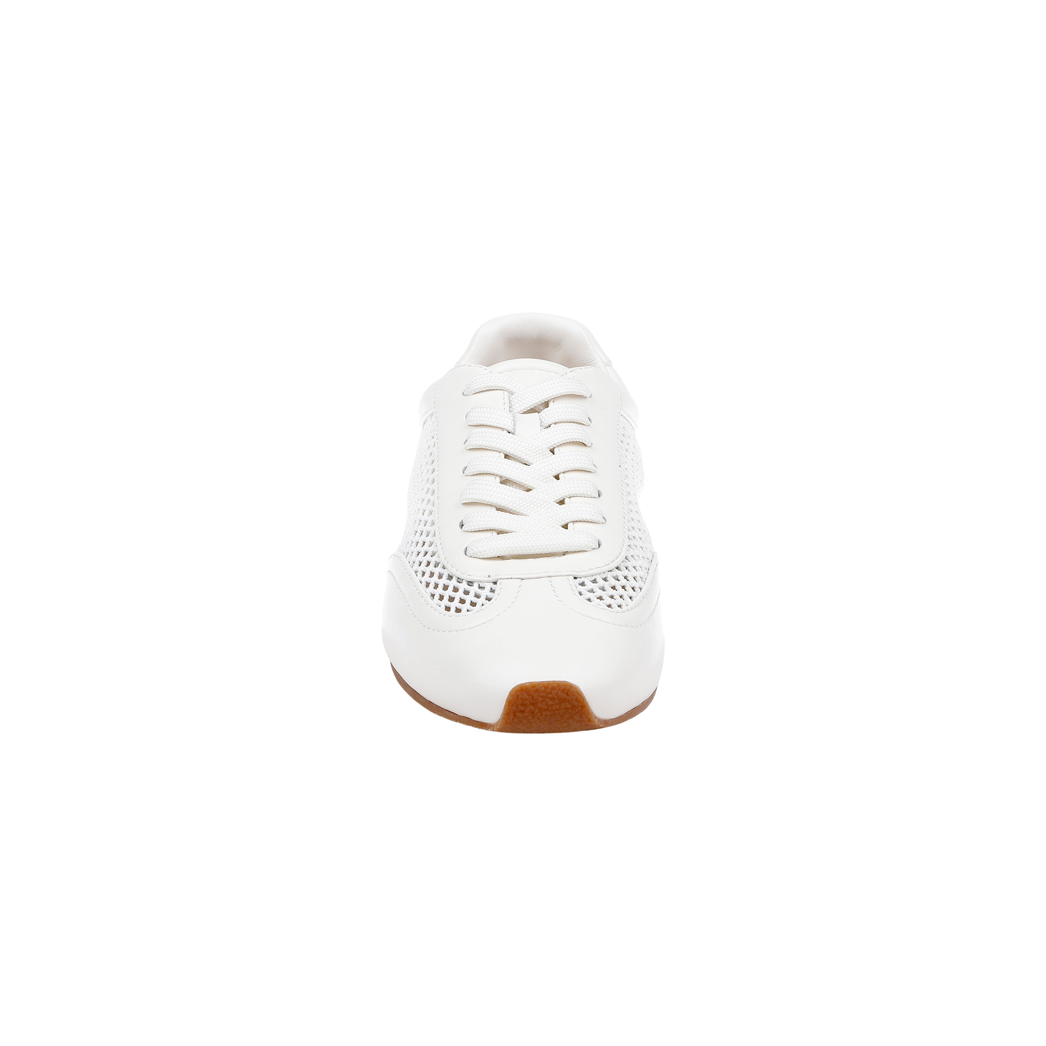 Front view of the Jarah Sneaker in white leather with mesh panels, white laces, and a brown gum sole, set against a plain white background. This retro-inspired sneaker offers all-day support with its comfortable memory foam insole.