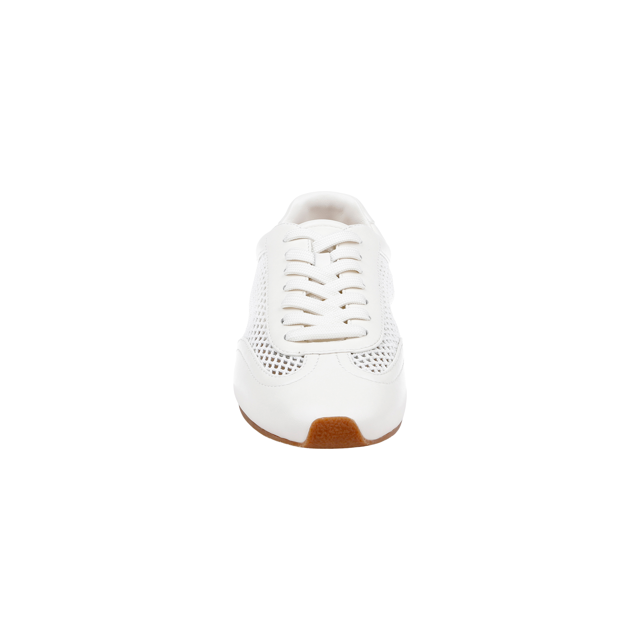 Front view of the Jarah Sneaker in white leather with mesh panels, white laces, and a brown gum sole, set against a plain white background. This retro-inspired sneaker offers all-day support with its comfortable memory foam insole.