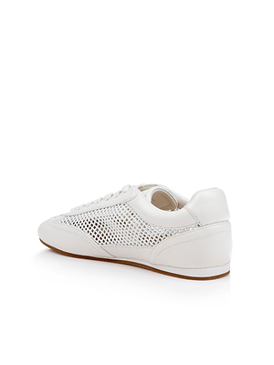 The Jarah Sneaker is a retro white leather shoe with mesh side panels, white laces, a light brown rubber sole, and a low-profile design, shown angled on a plain white background.