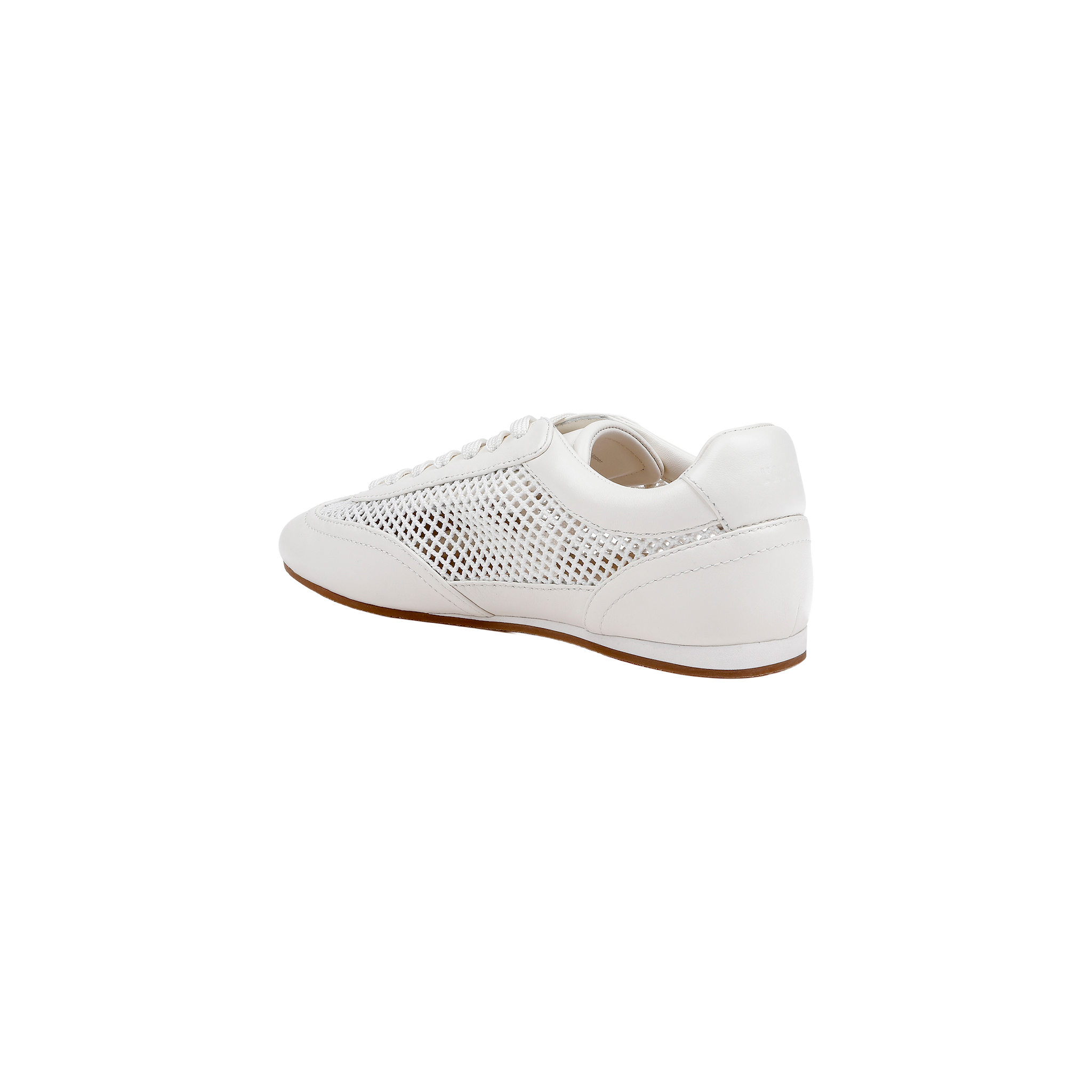 The Jarah Sneaker is a retro-inspired white leather shoe featuring mesh side panels, white laces, and a slightly raised heel. It is presented at an angle to showcase the outer side and back against a plain white background.