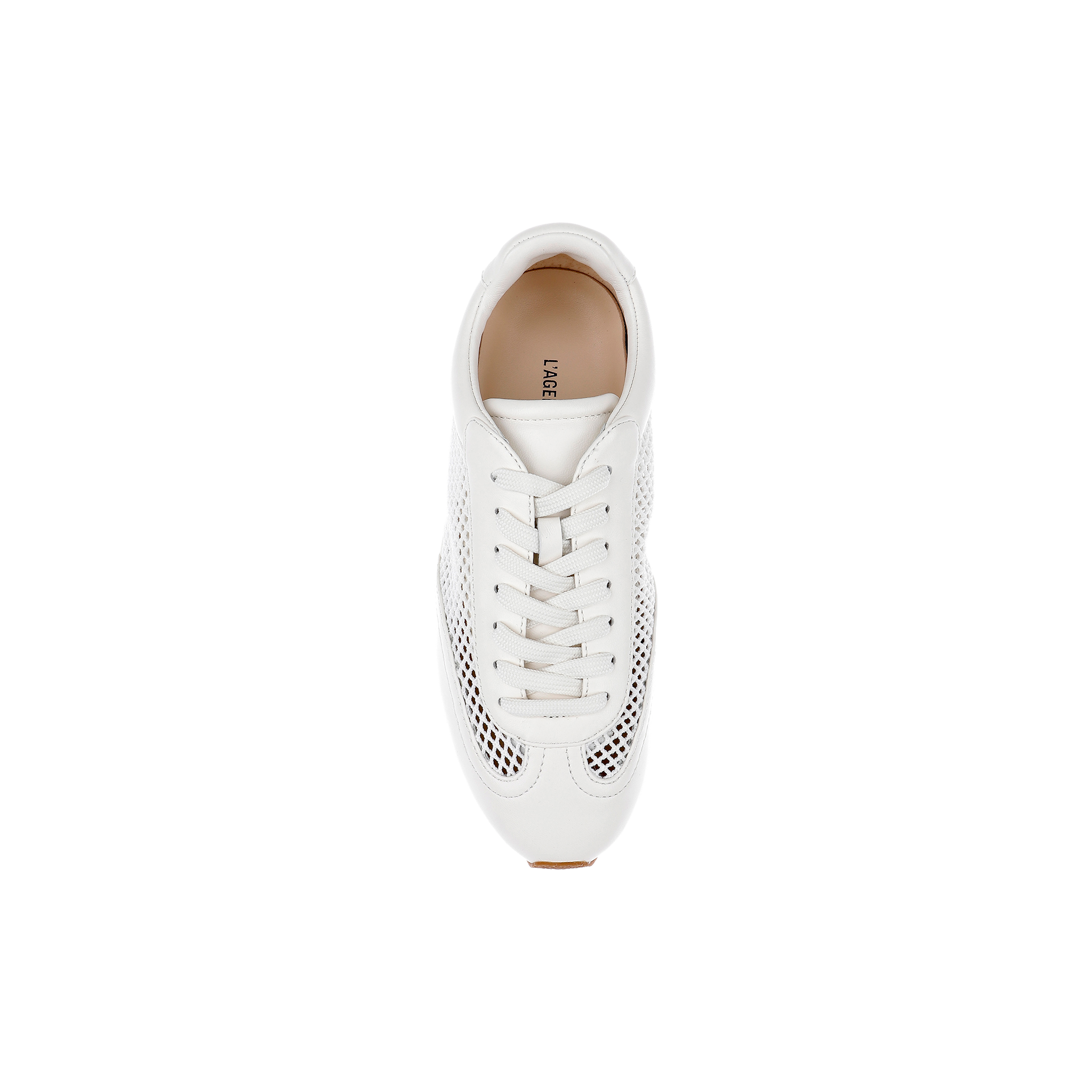 Top view of a single Jarah Sneaker in white leather with white laces and perforated mesh sides, featuring a memory foam insole, placed on a plain white background.