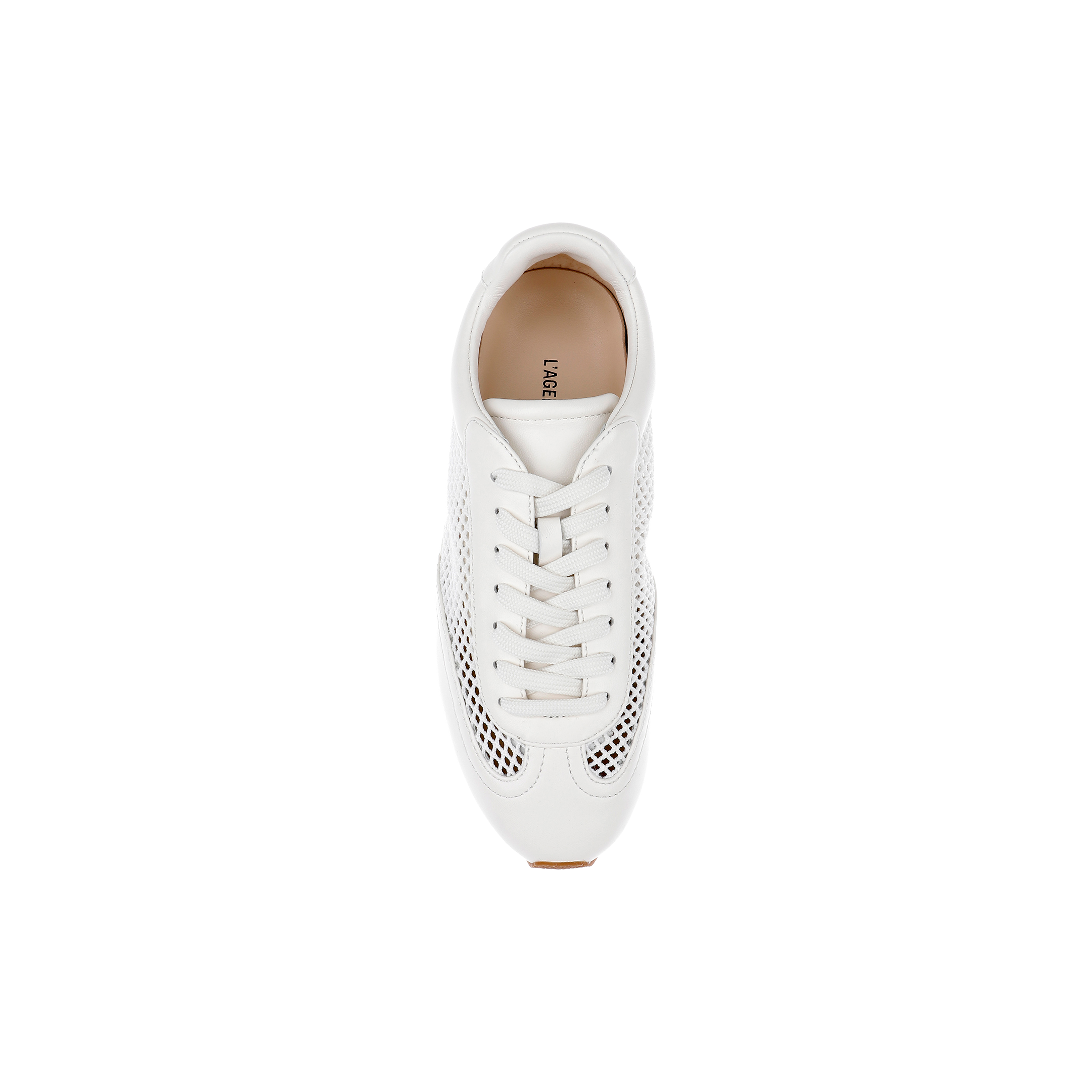 Top view of a single Jarah Sneaker in white leather with white laces and perforated mesh sides, featuring a memory foam insole, placed on a plain white background.