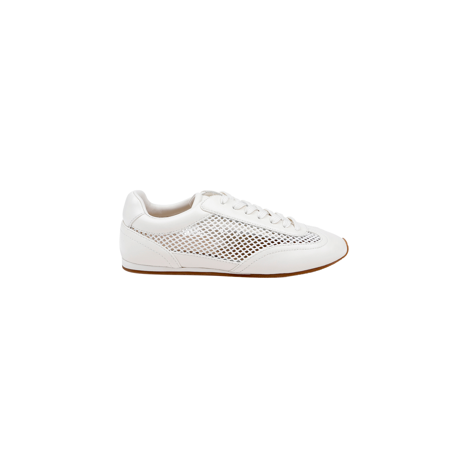 The Jarah Sneaker is a retro white shoe with a leather mesh side panel, white laces, and a light brown sole, shown against a plain white background.